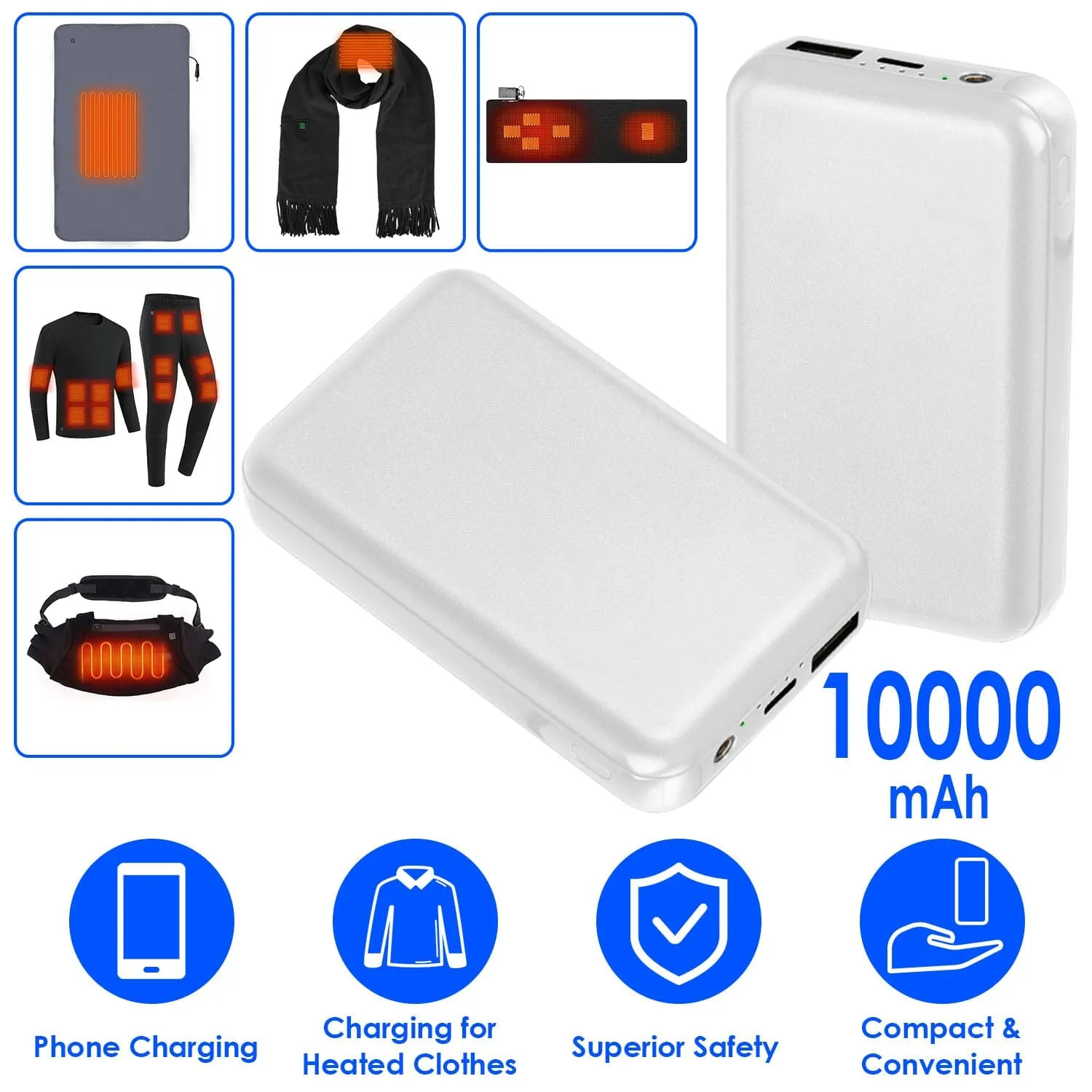 10000mAh Portable Charger Battery Pack for Heated Blanket Vest Jacket