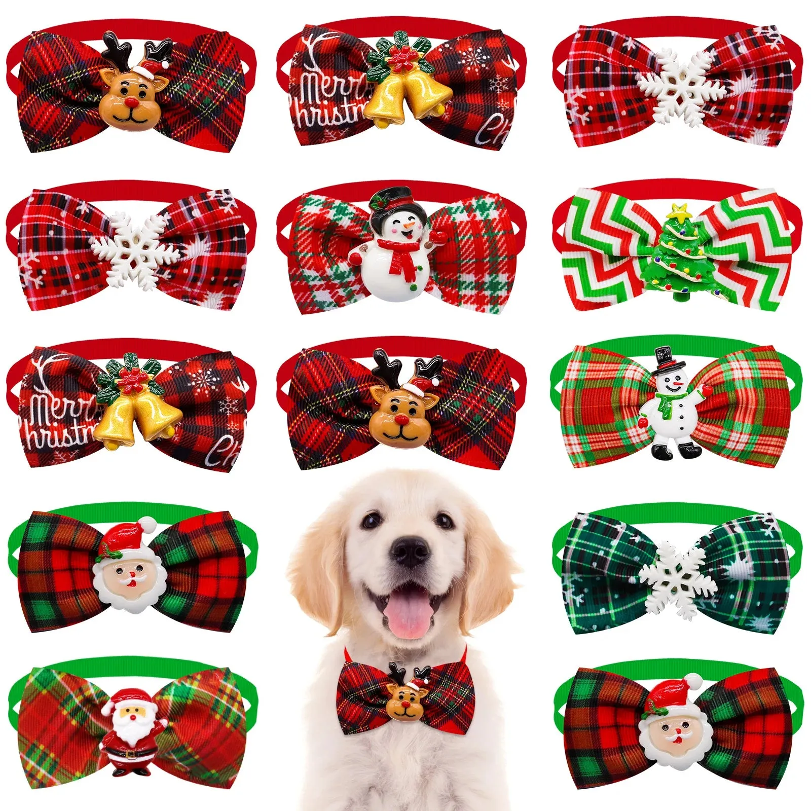 10PCS Christmas Dog & Cat Bowties - Adjustable Dog Collars | Festive Red & Green Holiday Pet Accessories for Small Dogs