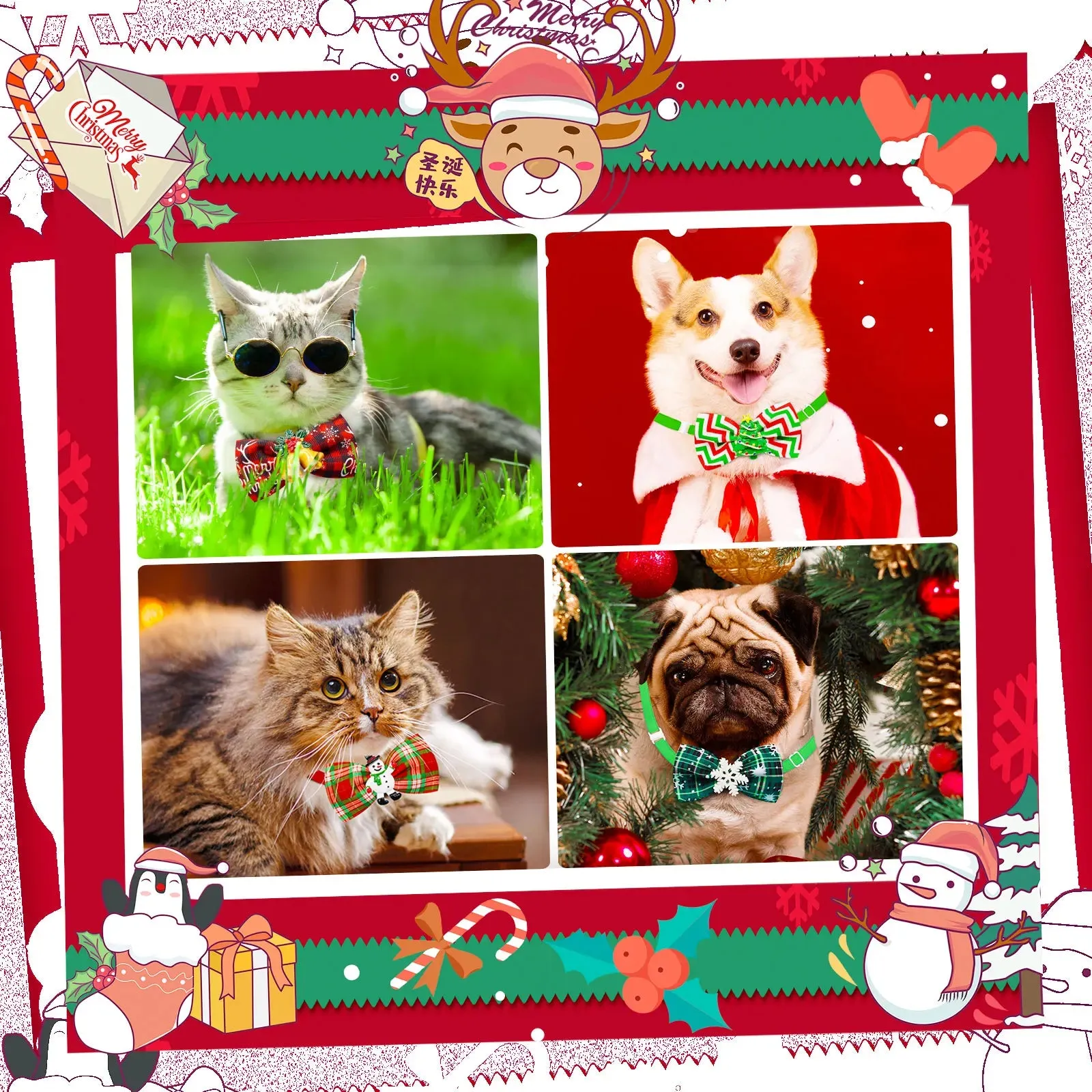10PCS Christmas Dog & Cat Bowties - Adjustable Dog Collars | Festive Red & Green Holiday Pet Accessories for Small Dogs