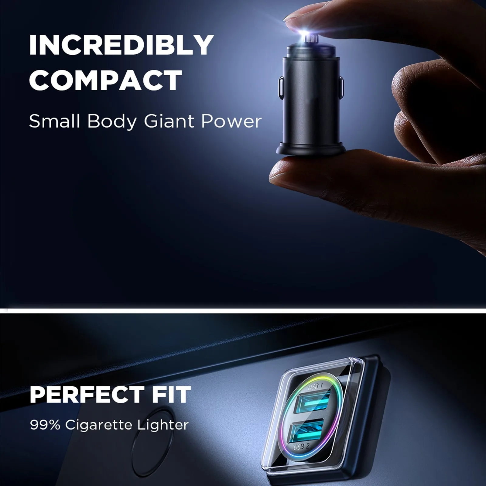 24W Car Charger Adapter Dual Ports Fast Charging QC3.0 LED Color