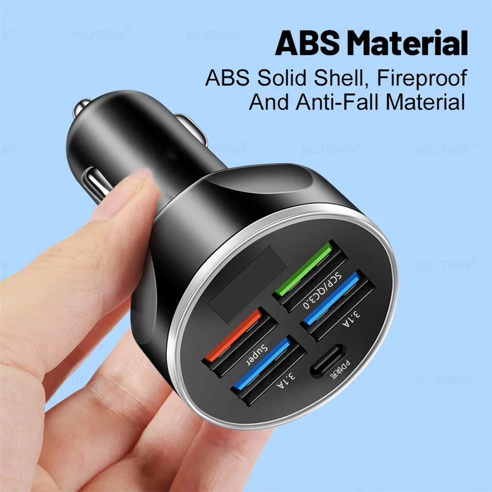 5 Port USB Car Charger With LED Light Display Voltage Monitor