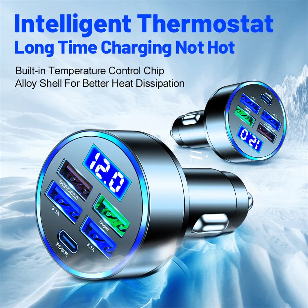 5 Port USB Car Charger With LED Light Display Voltage Monitor