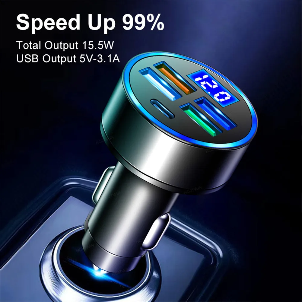 5 Port USB Car Charger With LED Light Display Voltage Monitor