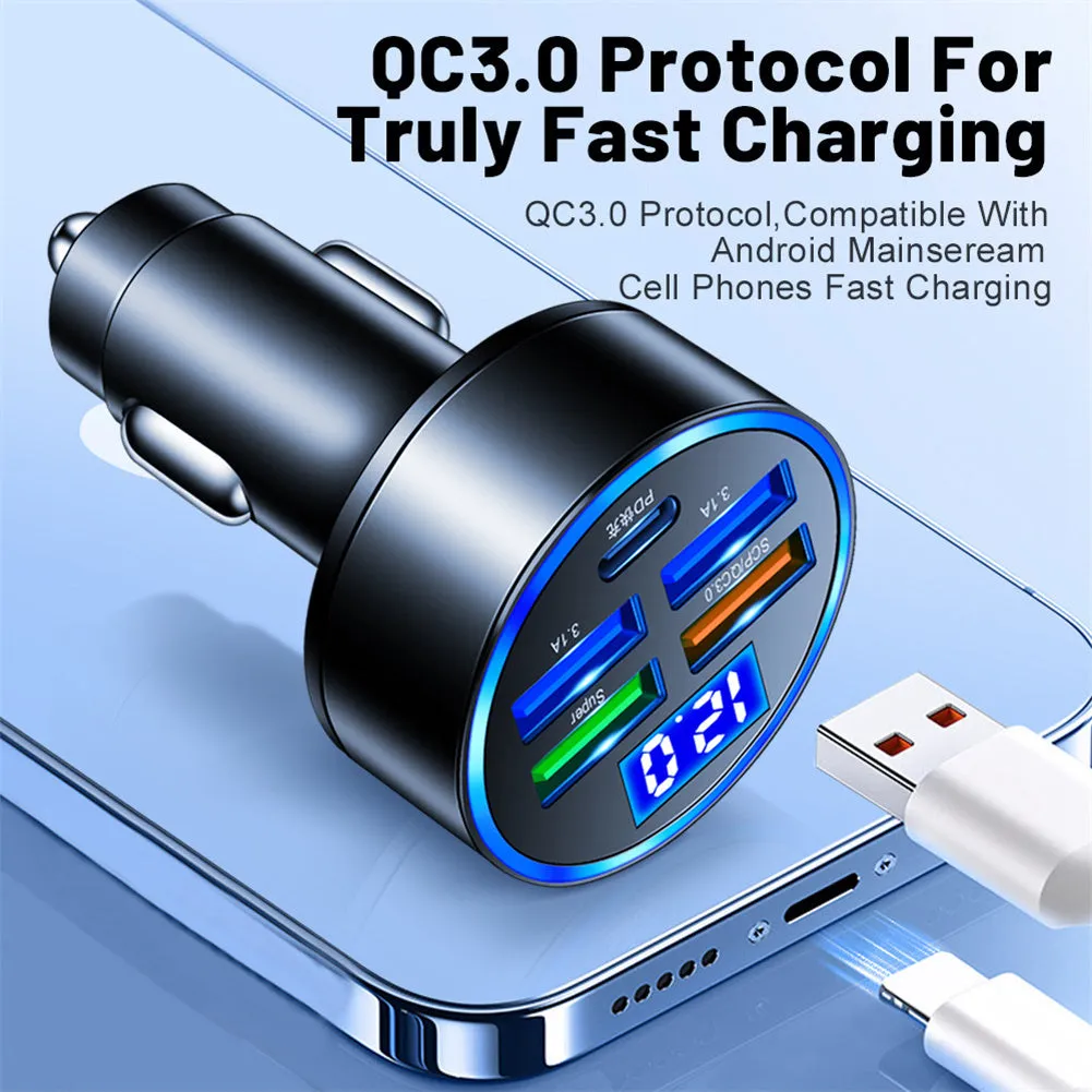 5 Port USB Car Charger With LED Light Display Voltage Monitor