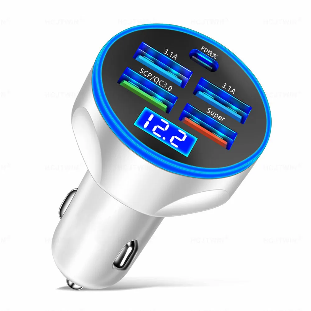 5 Port USB Car Charger With LED Light Display Voltage Monitor