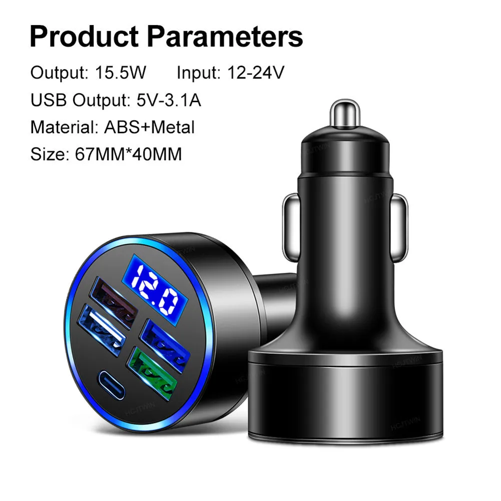 5 Port USB Car Charger With LED Light Display Voltage Monitor