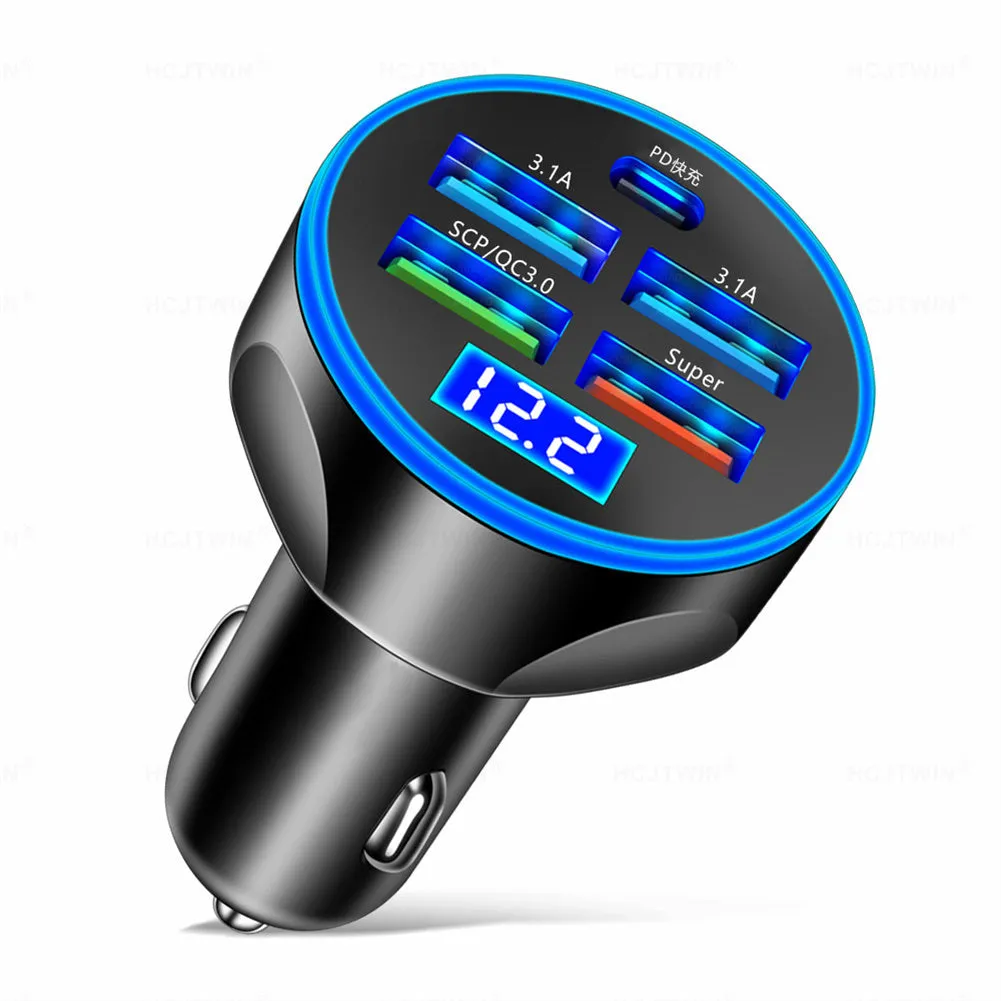 5 Port USB Car Charger With LED Light Display Voltage Monitor