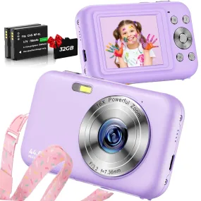 Actitop 44MP Point & Shoot Kids Digital Camera with 32GB SD Card, Purple - FHD 1080P