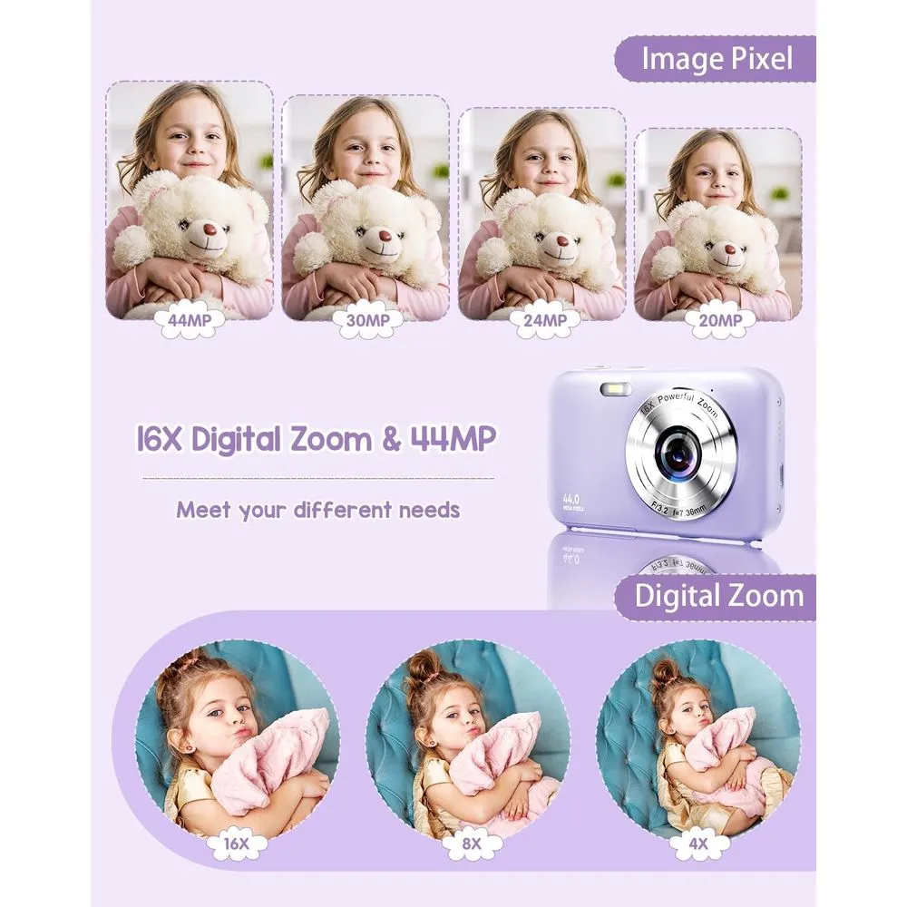 Actitop 44MP Point & Shoot Kids Digital Camera with 32GB SD Card, Purple - FHD 1080P