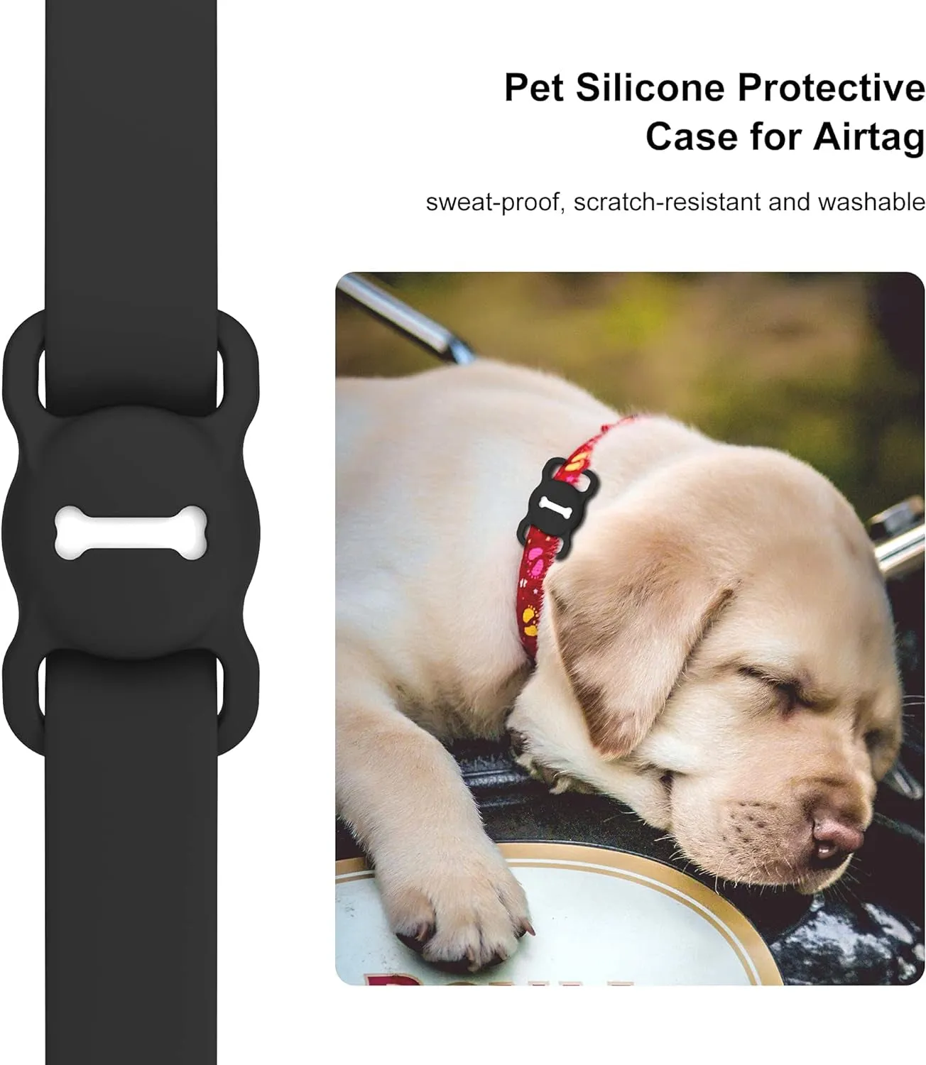 Airtag Dog Collar Holder - Stylish Black Silicone Accessory with Bone Pattern for GPS Tracking (1 Pack)