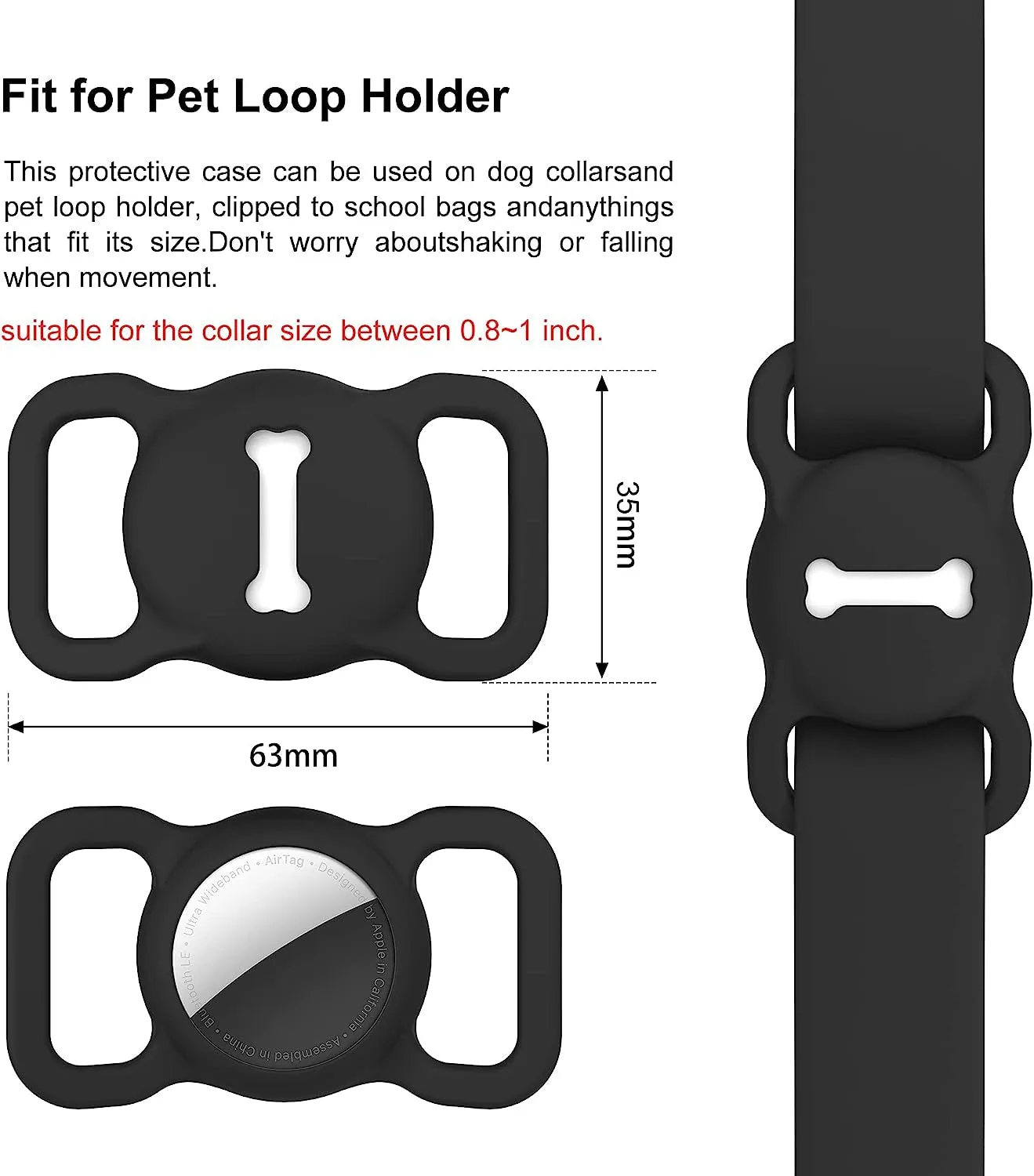 Airtag Dog Collar Holder - Stylish Black Silicone Accessory with Bone Pattern for GPS Tracking (1 Pack)
