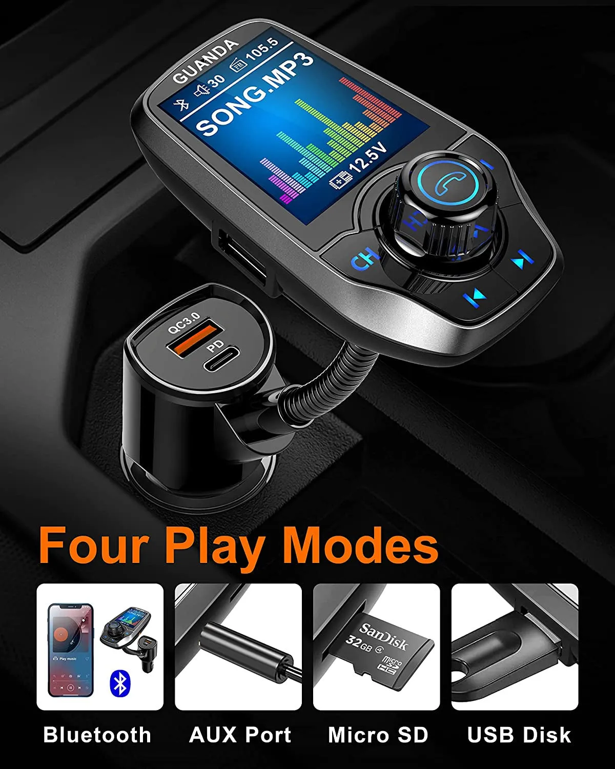 Bluetooth FM Transmitter in-Car Wireless Radio Adapter Kit W 1.8"