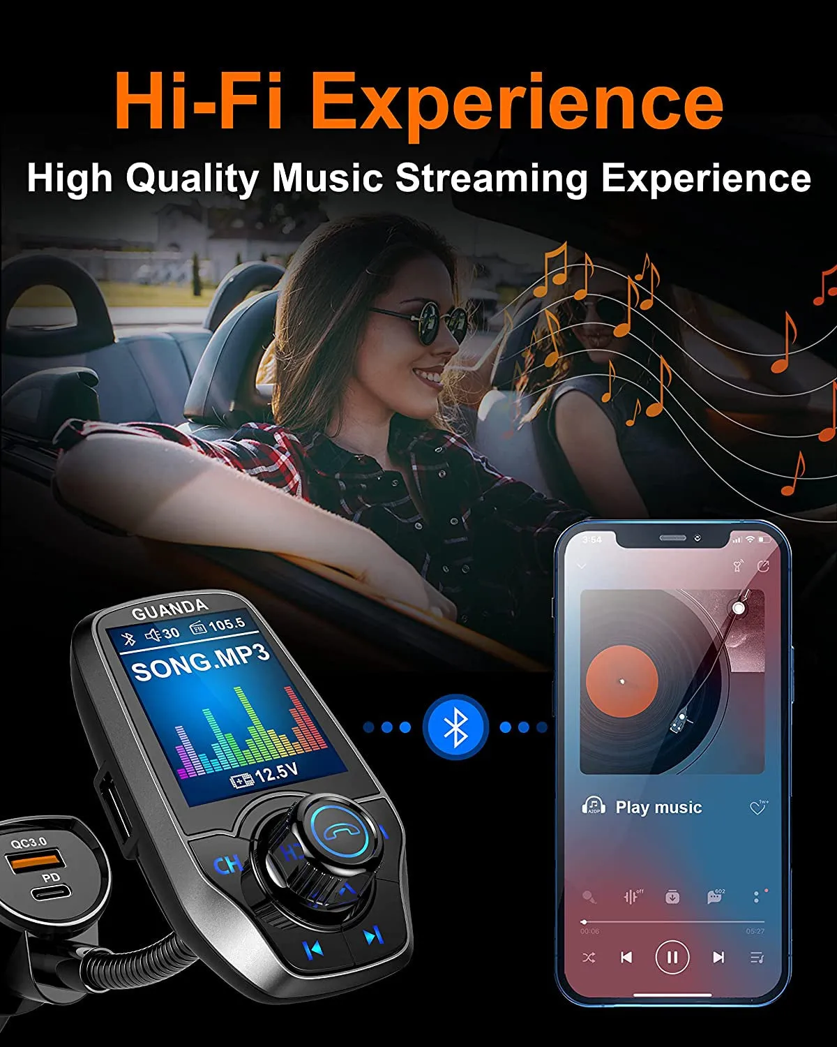 Bluetooth FM Transmitter in-Car Wireless Radio Adapter Kit W 1.8"