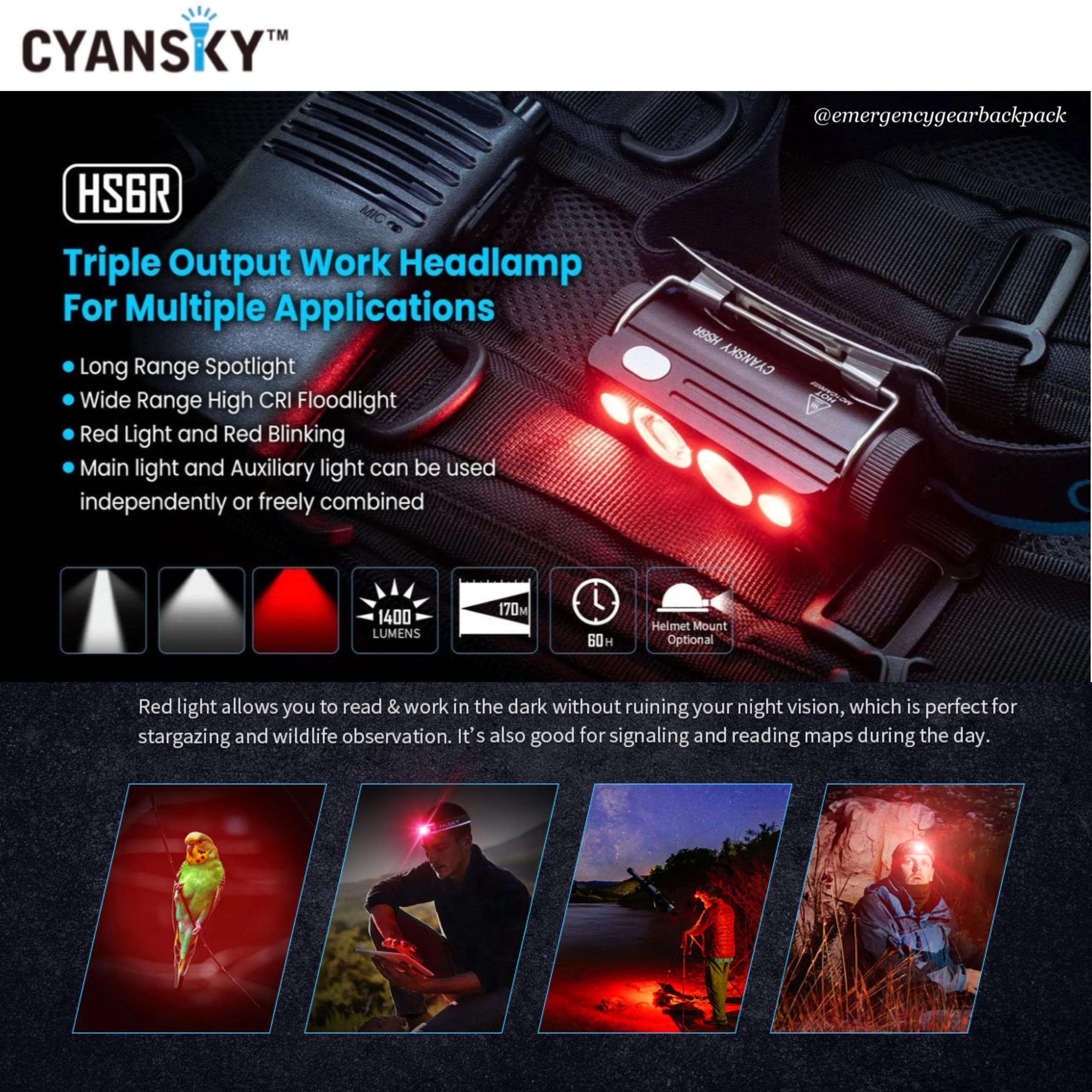 Cyansky HS6R Triple Output Headlamp 1400LMS 170M