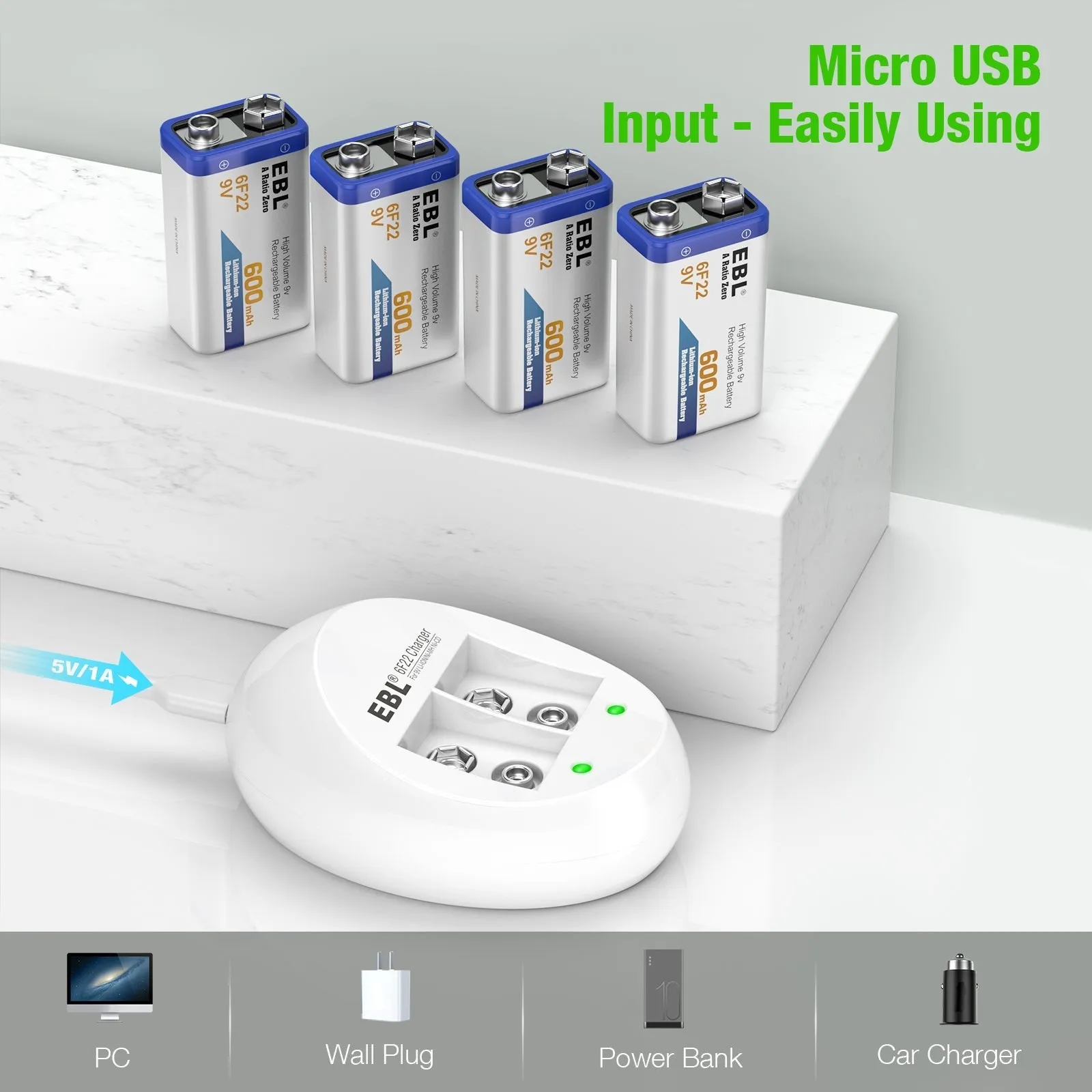 EBL 9V Li-ion Rechargeable Batteries with 6F22 9V Battery Charger