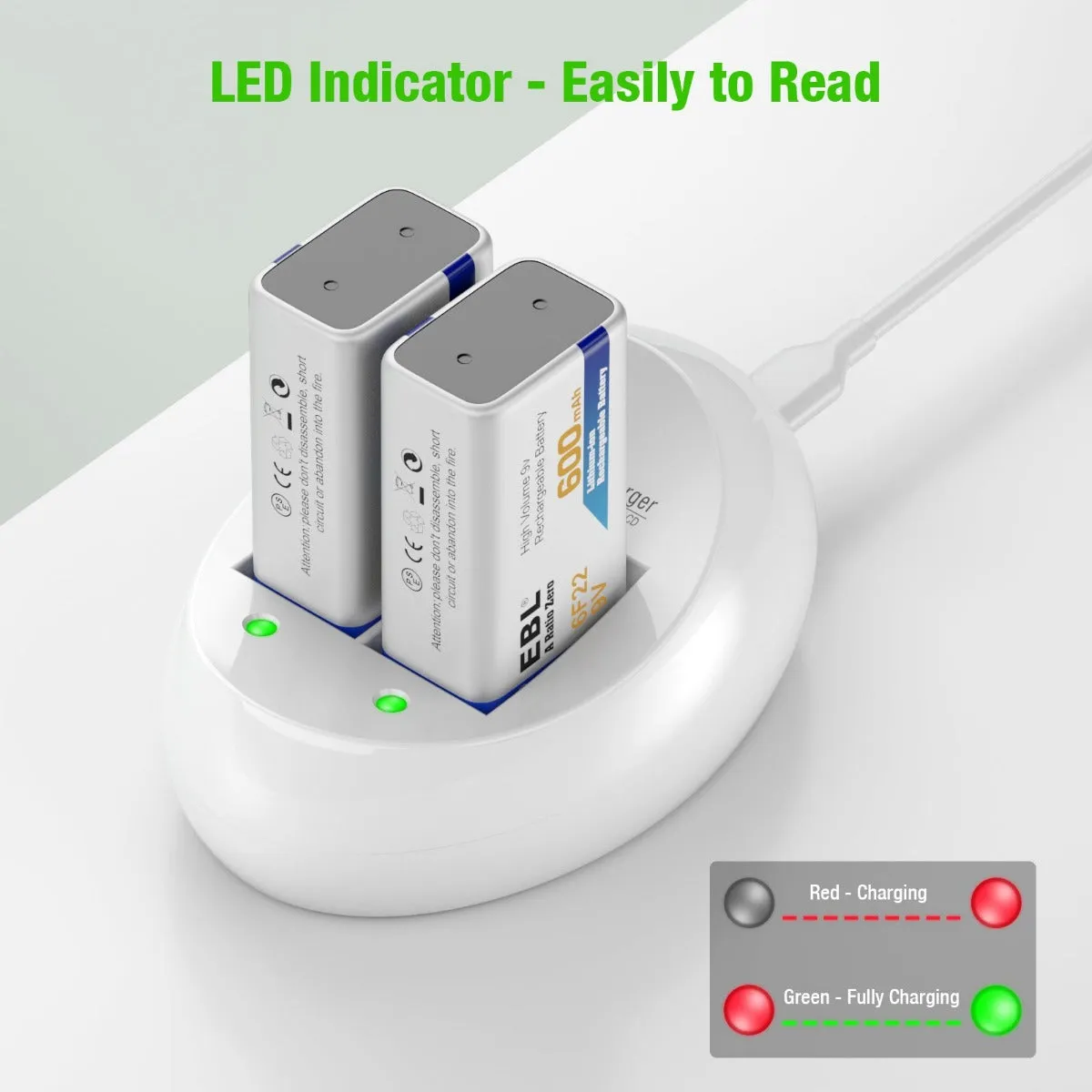 EBL 9V Li-ion Rechargeable Batteries with 6F22 9V Battery Charger
