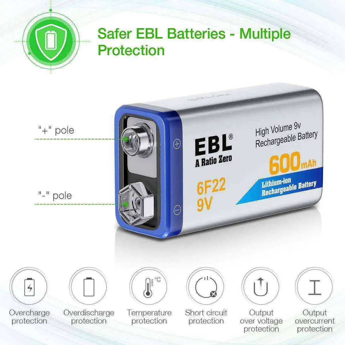 EBL 9V Li-ion Rechargeable Batteries with 6F22 9V Battery Charger
