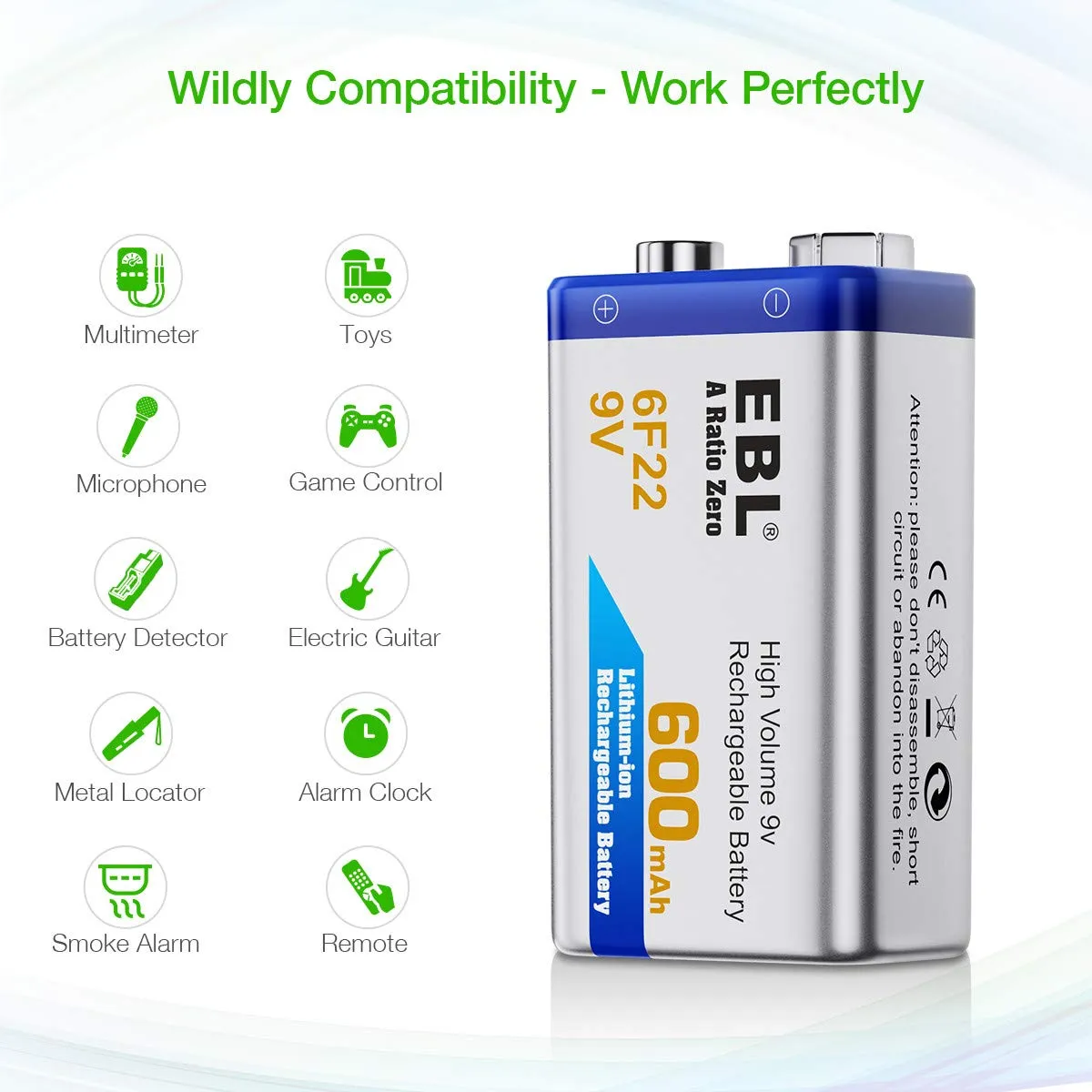 EBL 9V Li-ion Rechargeable Batteries with 6F22 9V Battery Charger