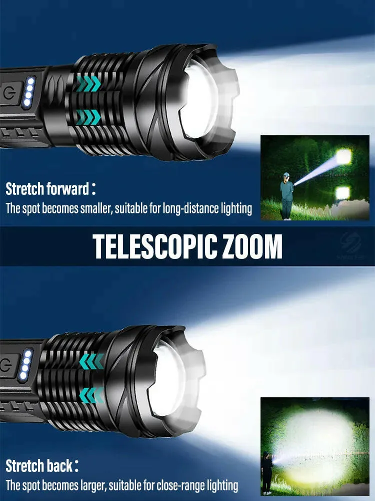 High-power LED Rechargeable Flashlight with 30W Lamp Beads Portable Torch 7 Lighting Modes Zoomable Waterproof Camping Light