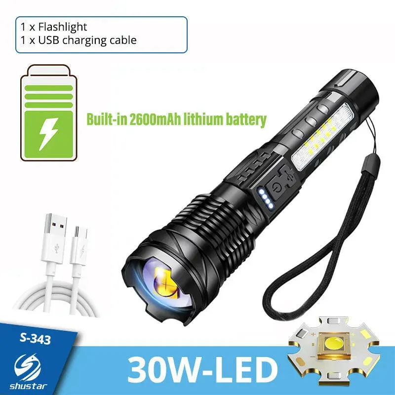 High-power LED Rechargeable Flashlight with 30W Lamp Beads Portable Torch 7 Lighting Modes Zoomable Waterproof Camping Light