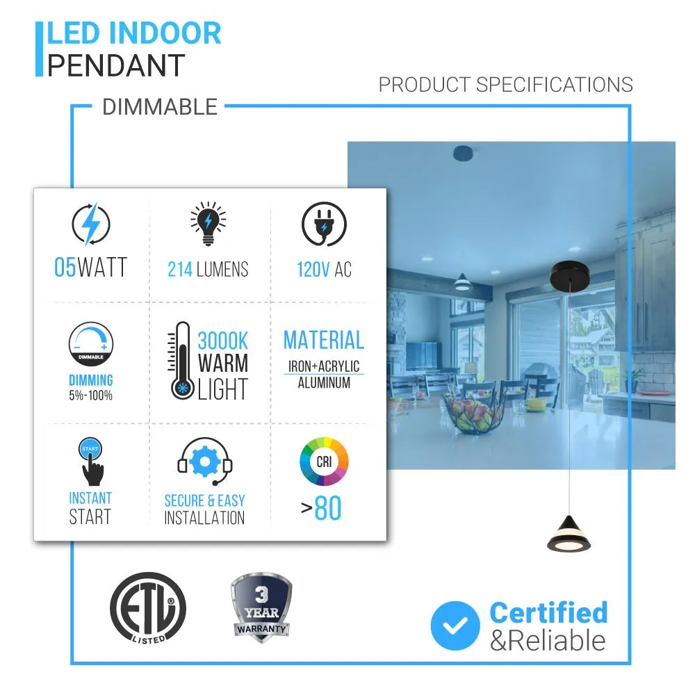 LED Pendant Light, Cone Shape, 5W, Dimmable, 3000K (Warm White)