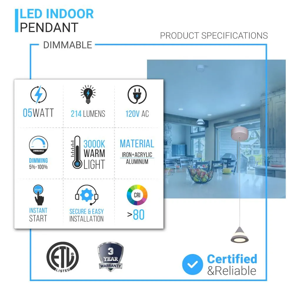 LED Pendant Light, Cone Shape, 5W, Dimmable, 3000K (Warm White)