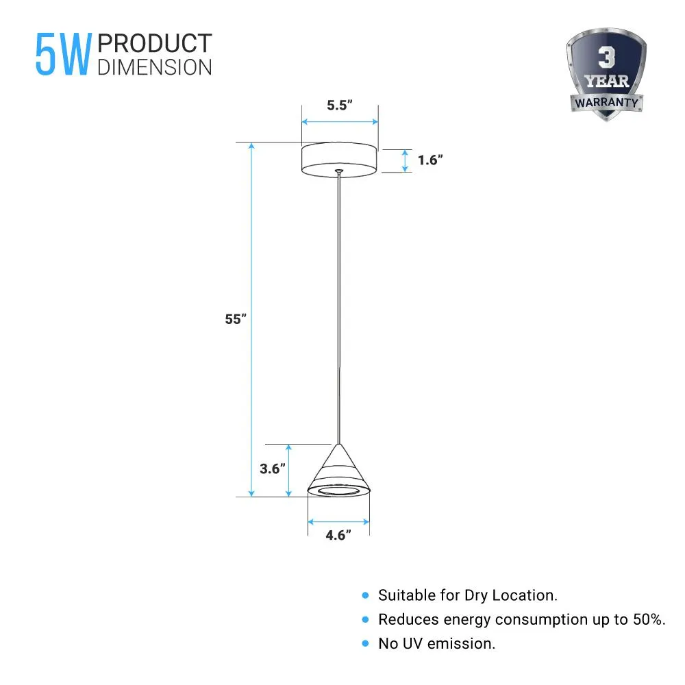 LED Pendant Light, Cone Shape, 5W, Dimmable, 3000K (Warm White)