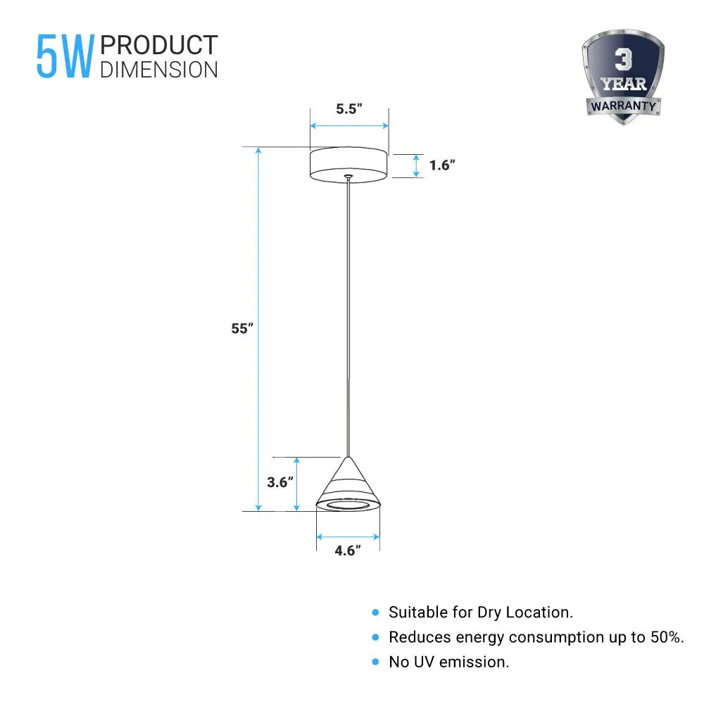 LED Pendant Light, Cone Shape, 5W, Dimmable, 3000K (Warm White)