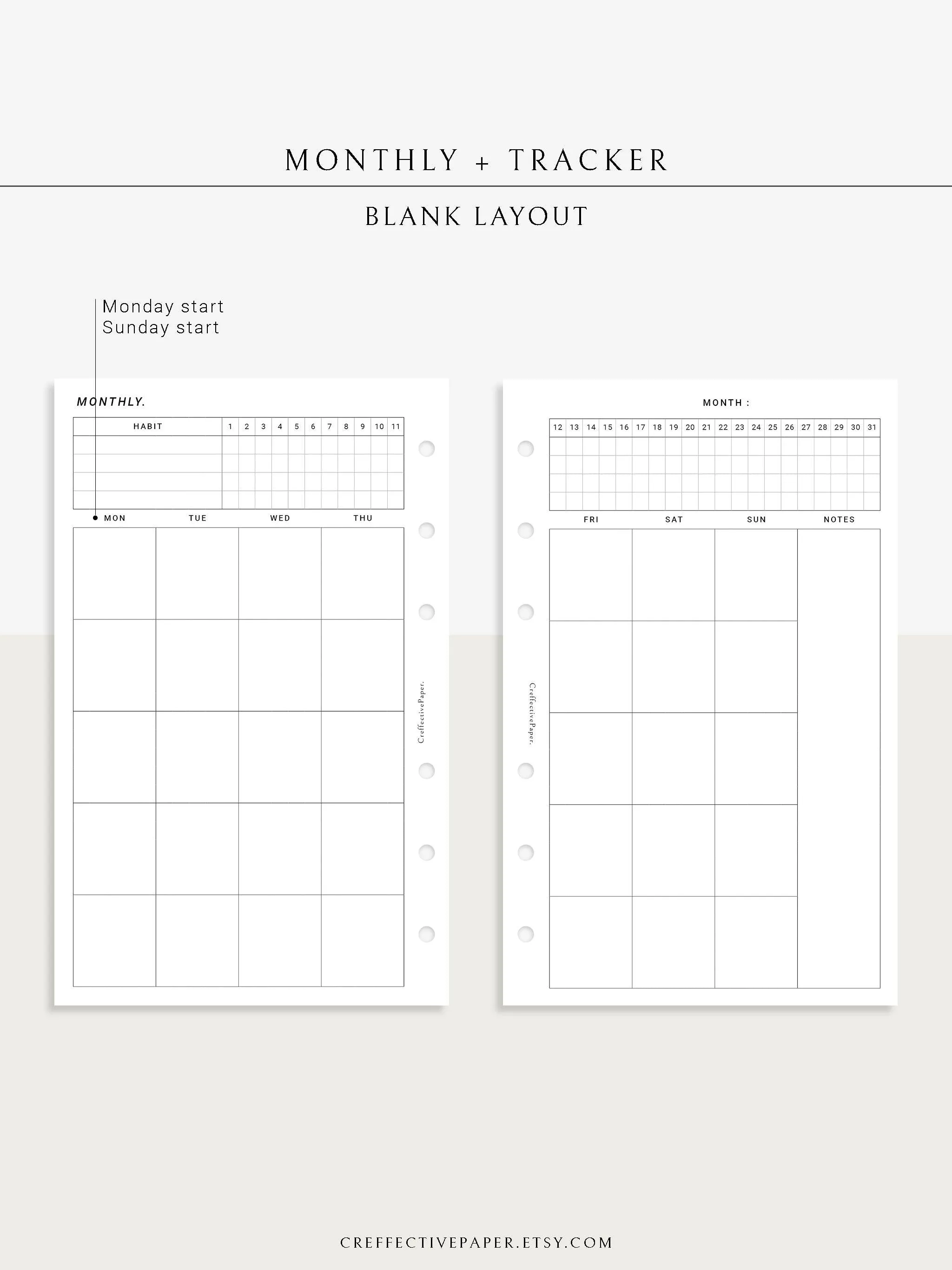 M106_B | Monthly Planner with 31 Days Habit Tracker Printable Inserts