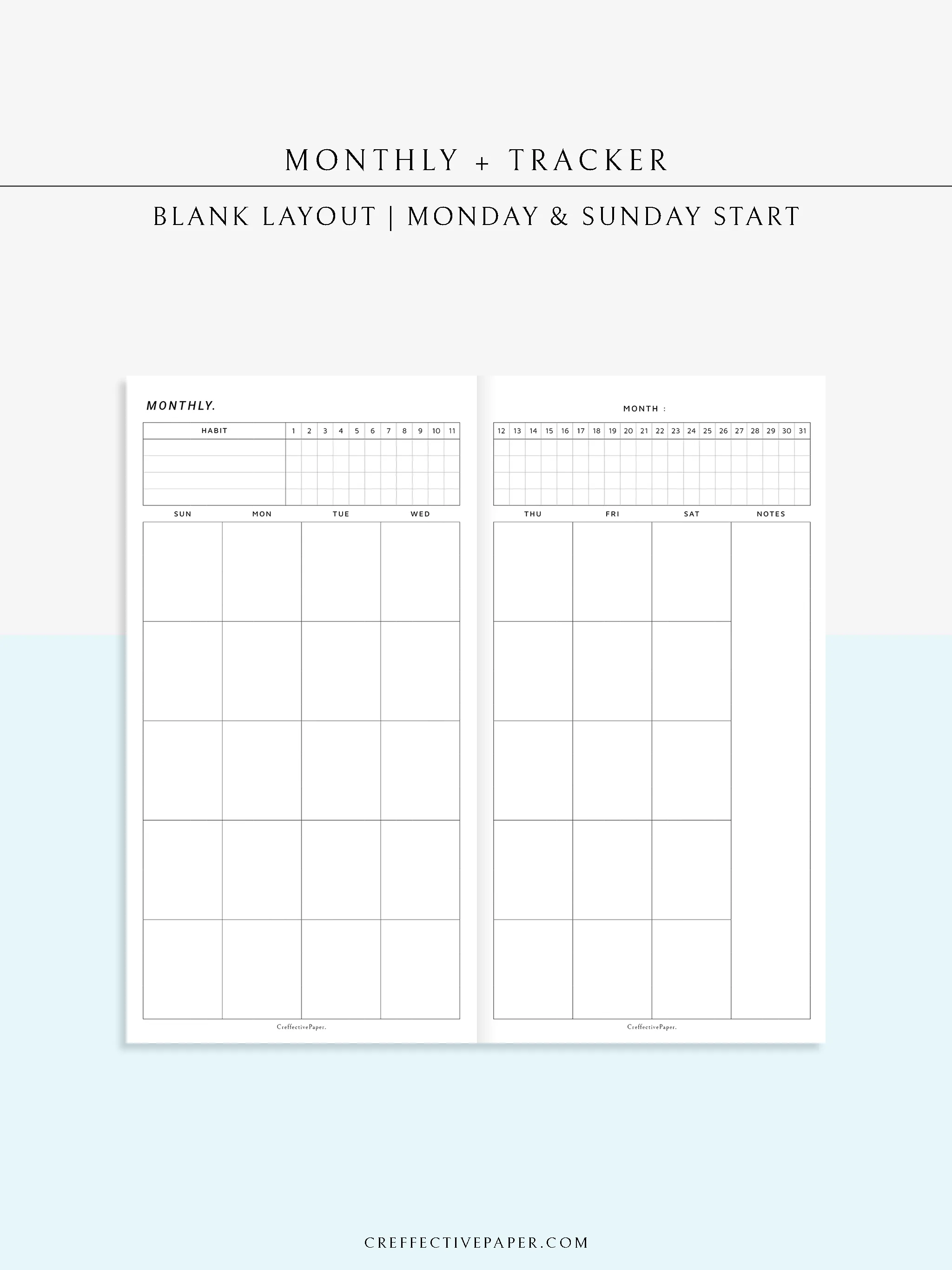 M106_B | Monthly Planner with 31 Days Habit Tracker Printable Inserts