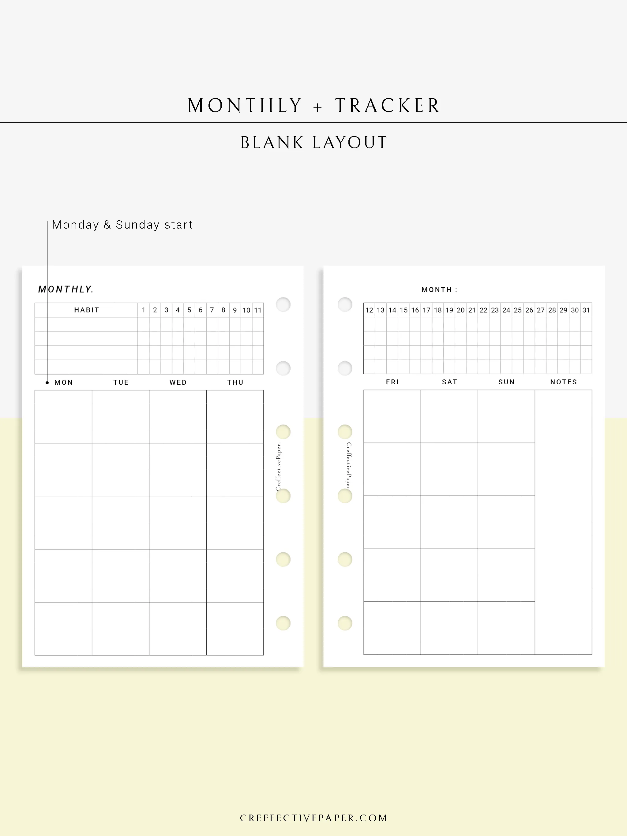 M106_B | Monthly Planner with 31 Days Habit Tracker Printable Inserts