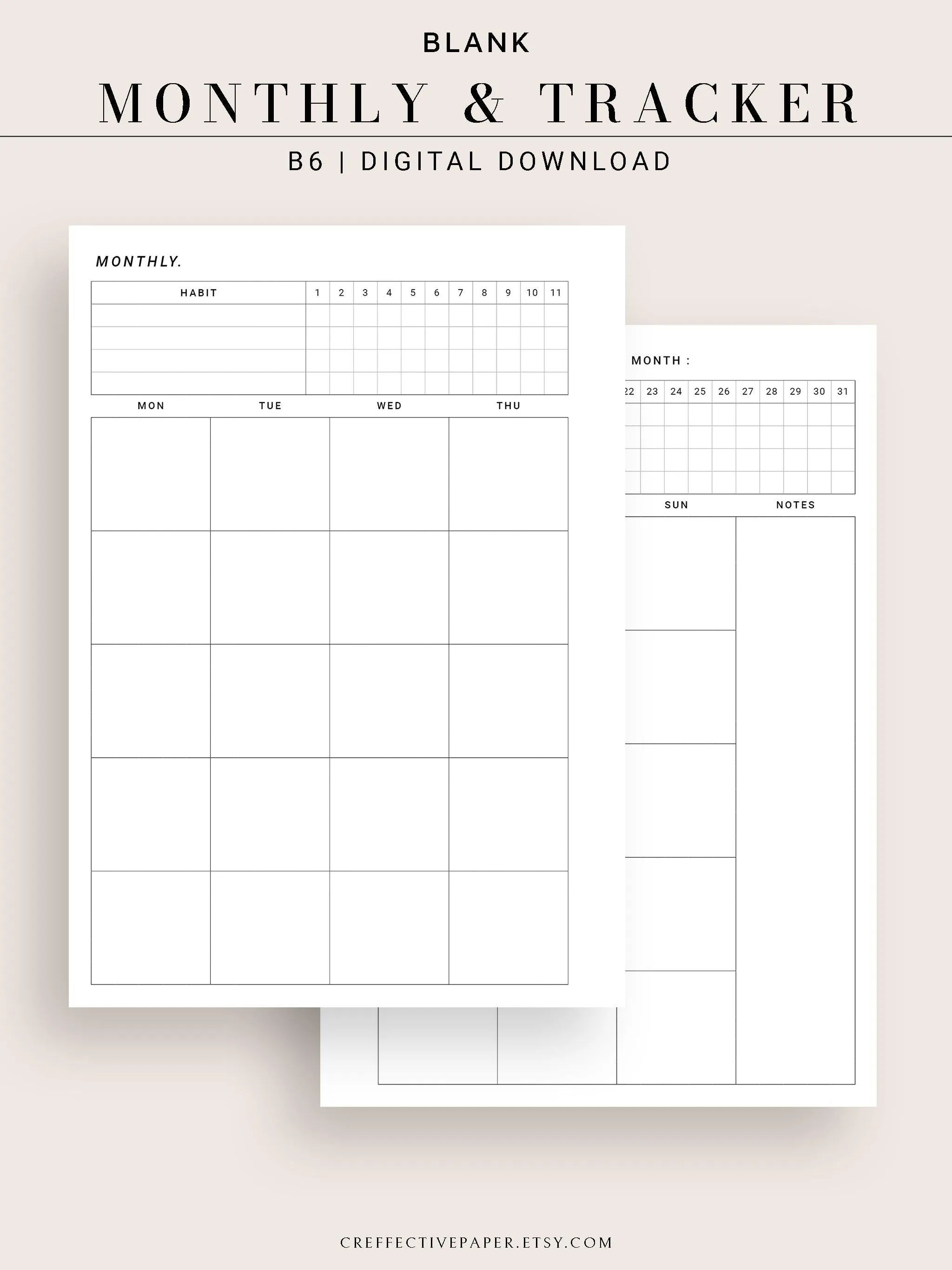 M106_B | Monthly Planner with 31 Days Habit Tracker Printable Inserts