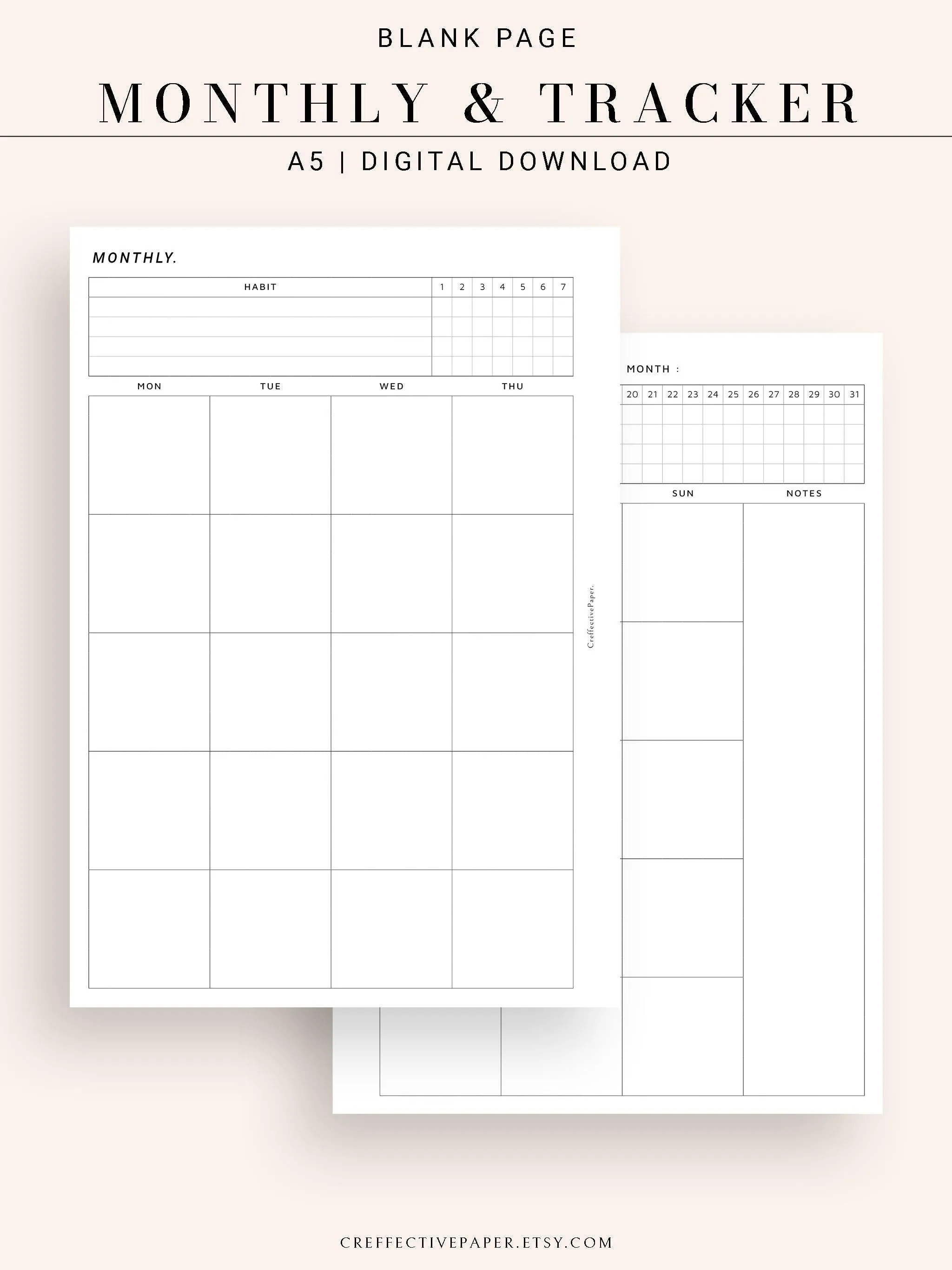 M106_B | Monthly Planner with 31 Days Habit Tracker Printable Inserts