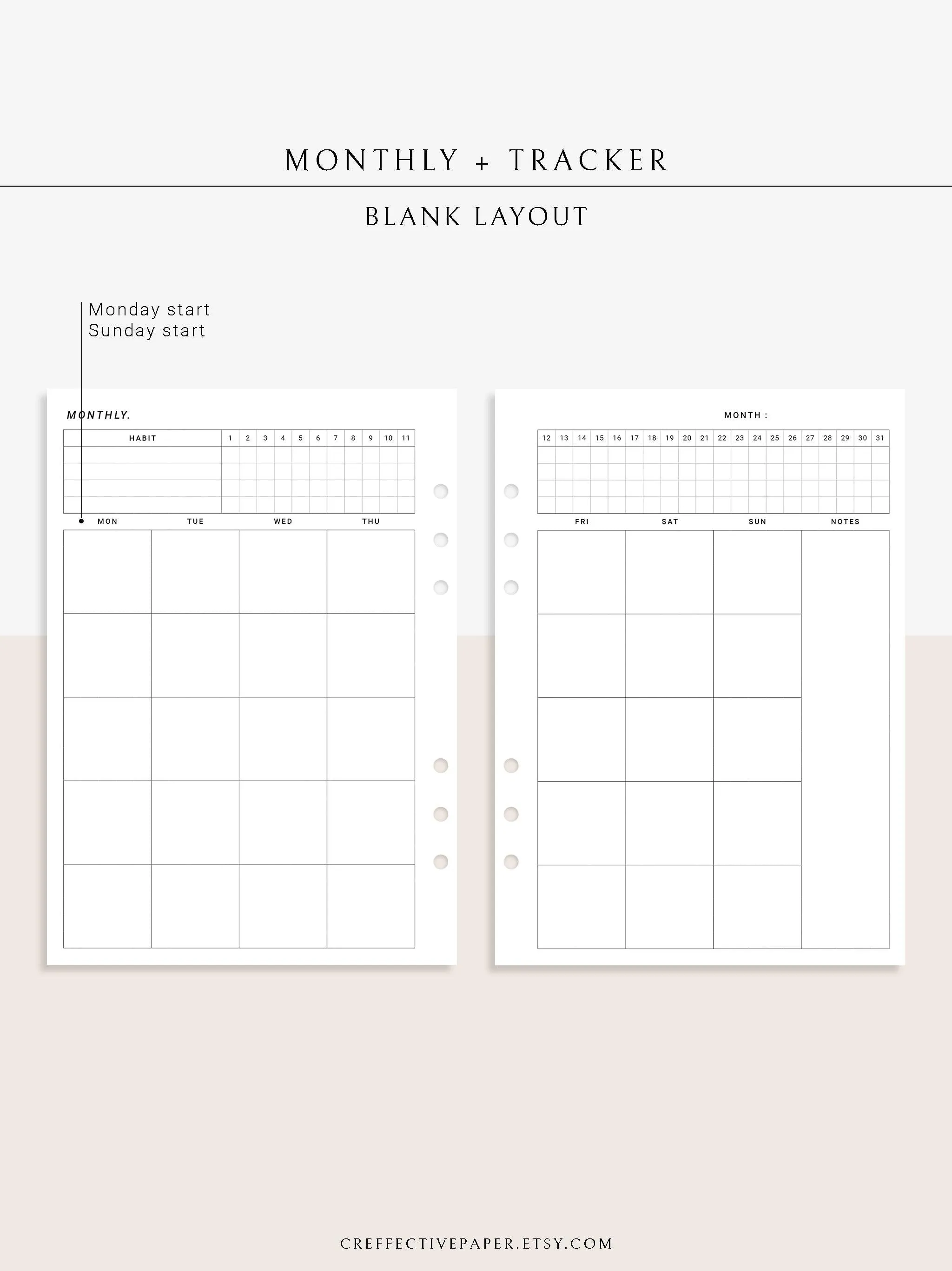 M106_B | Monthly Planner with 31 Days Habit Tracker Printable Inserts