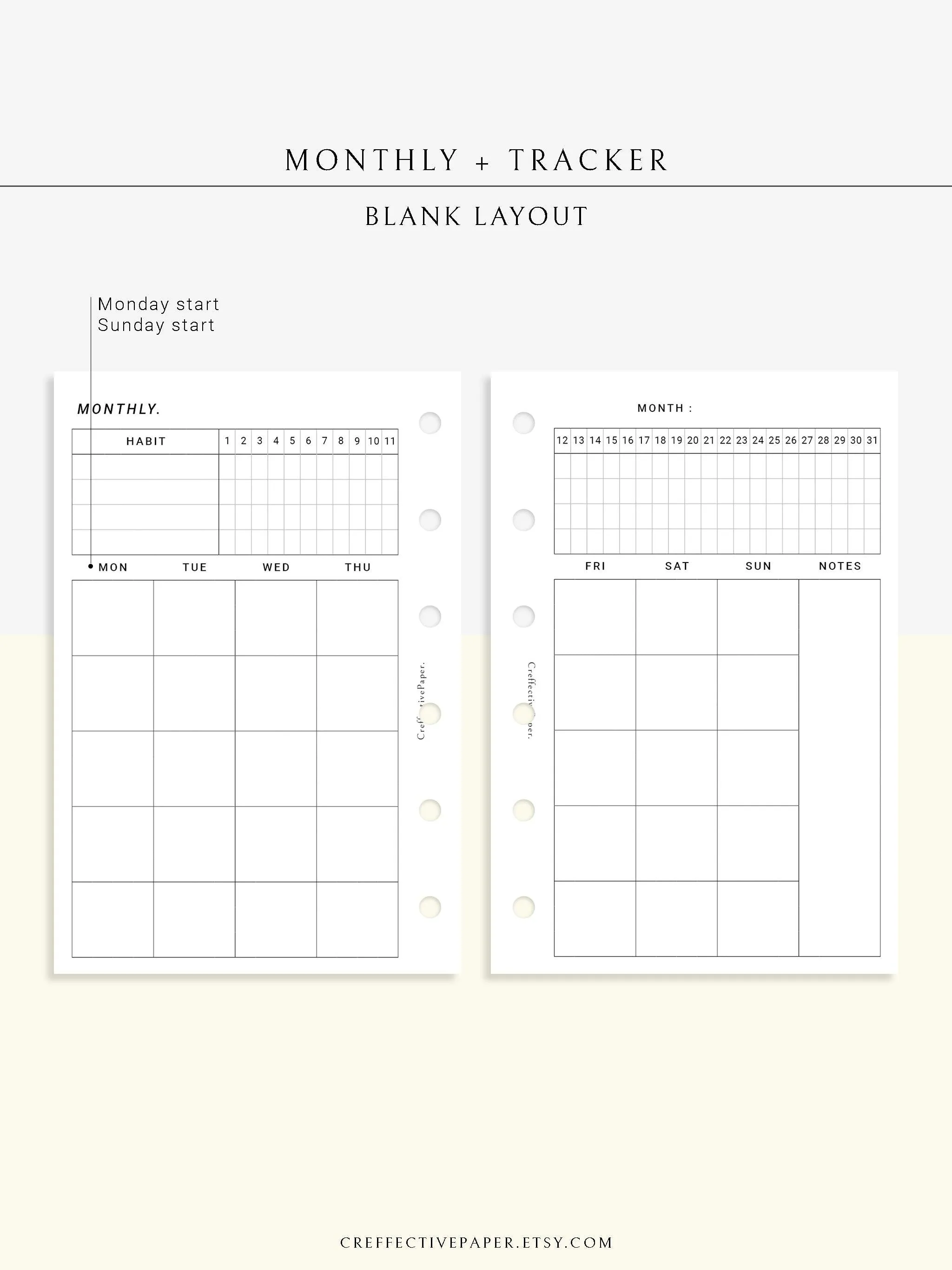 M106_B | Monthly Planner with 31 Days Habit Tracker Printable Inserts