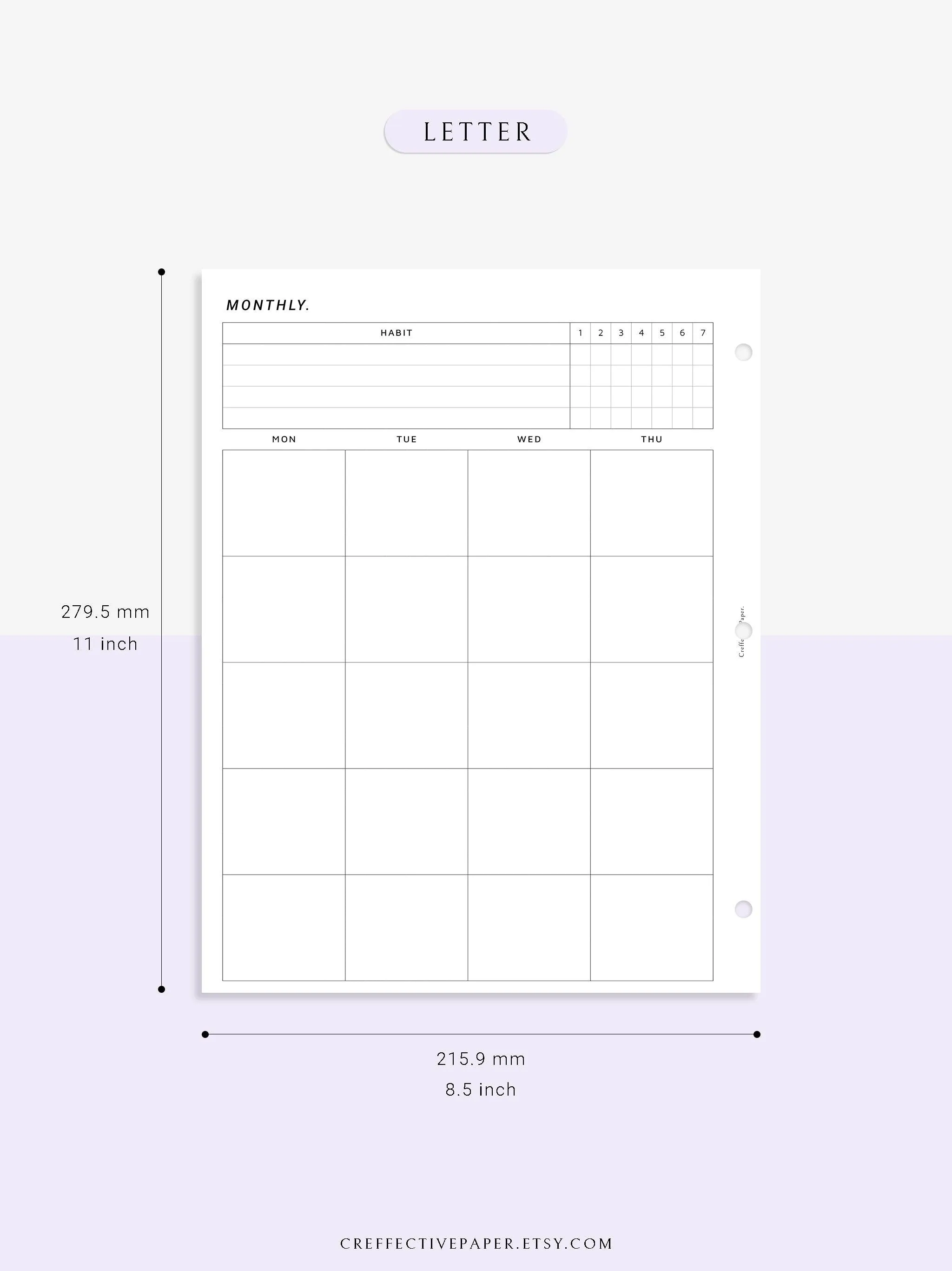 M106_B | Monthly Planner with 31 Days Habit Tracker Printable Inserts