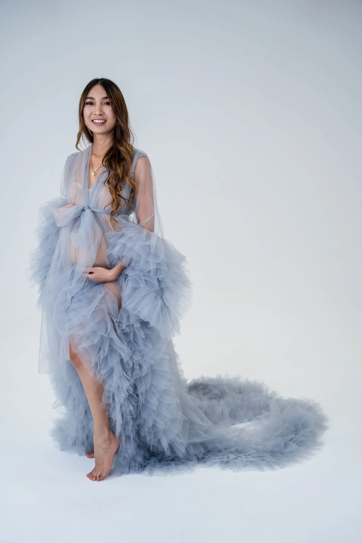 Maternity Photoshoot Dresses - Gray Tulle Robe - Sophie