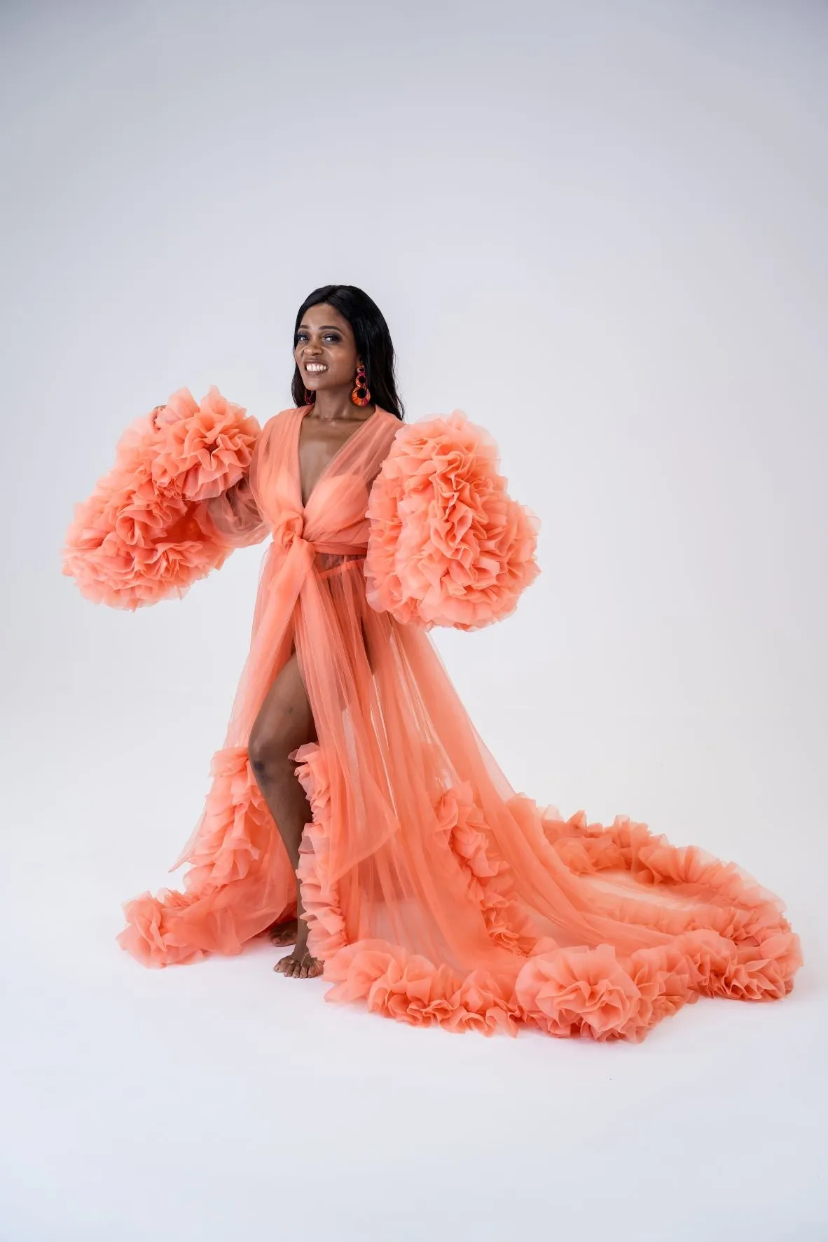 Maternity Photoshoot Dresses - Peach Tulle Robe - Lola