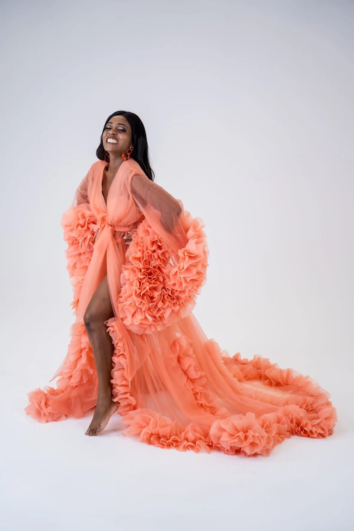 Maternity Photoshoot Dresses - Peach Tulle Robe - Lola