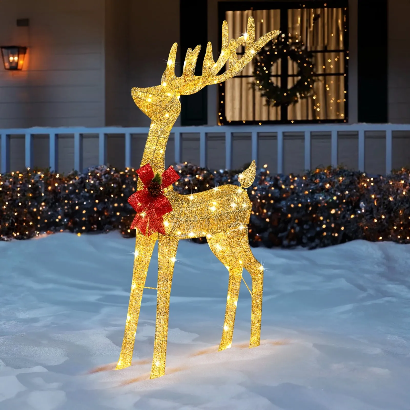 modern 3D Lighted Christmas 2-Piece Deer Set Outdoor Yard Decoration LED Lights - Gold Single Reindeer