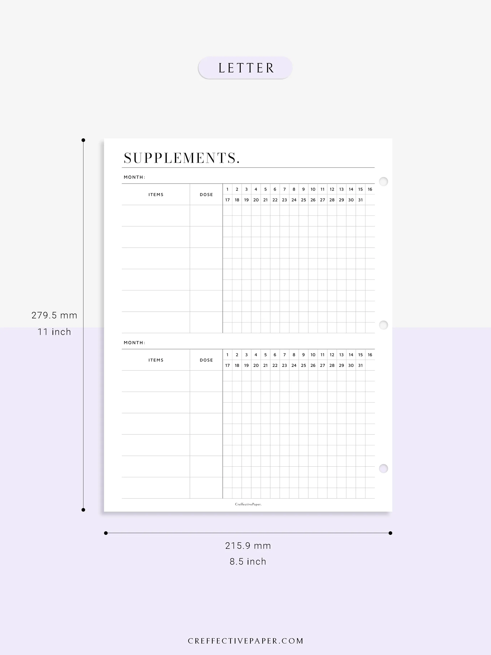 N121-6 | Vitamins & Supplements Tracker, Medication Log Template
