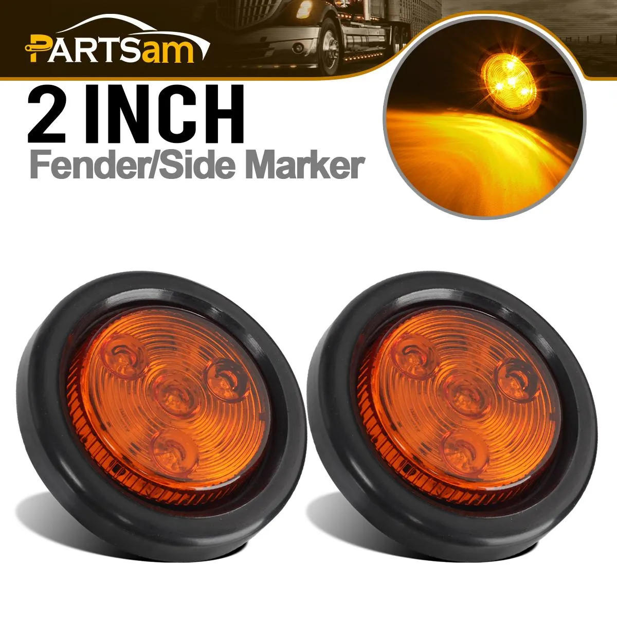 Partsam 2pcs Amber Led Light Trailer 2 inch Round,w/ Plug & Grommet Clearance Marker 4 LED