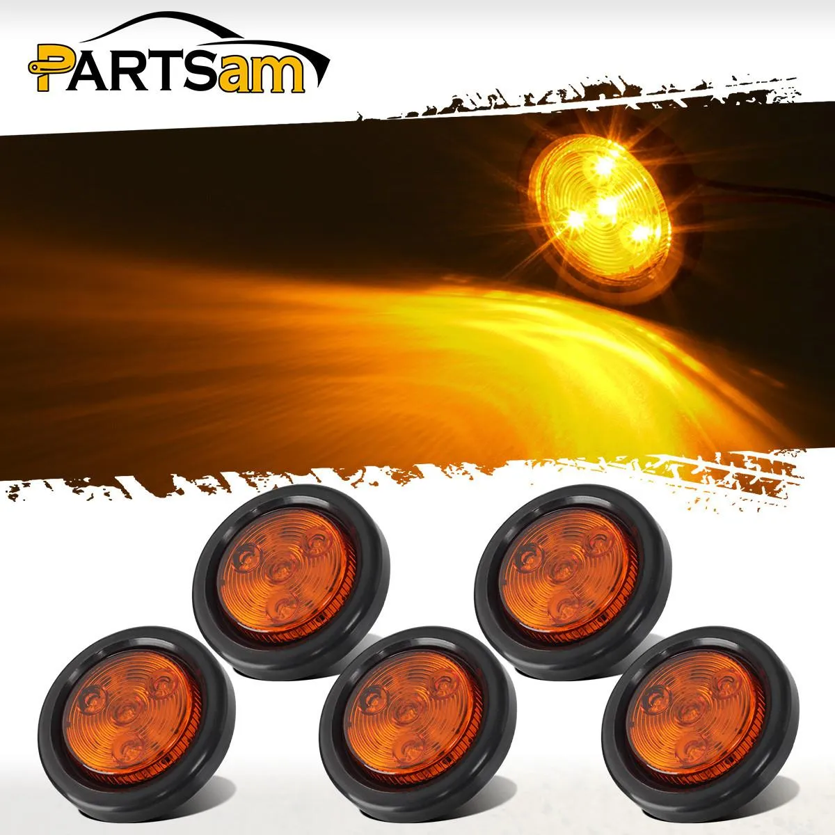 Partsam 5pcs 2 inch Amber Round Sealed Clearance Marker Light 4 LED Mount Grommet/Pigtails