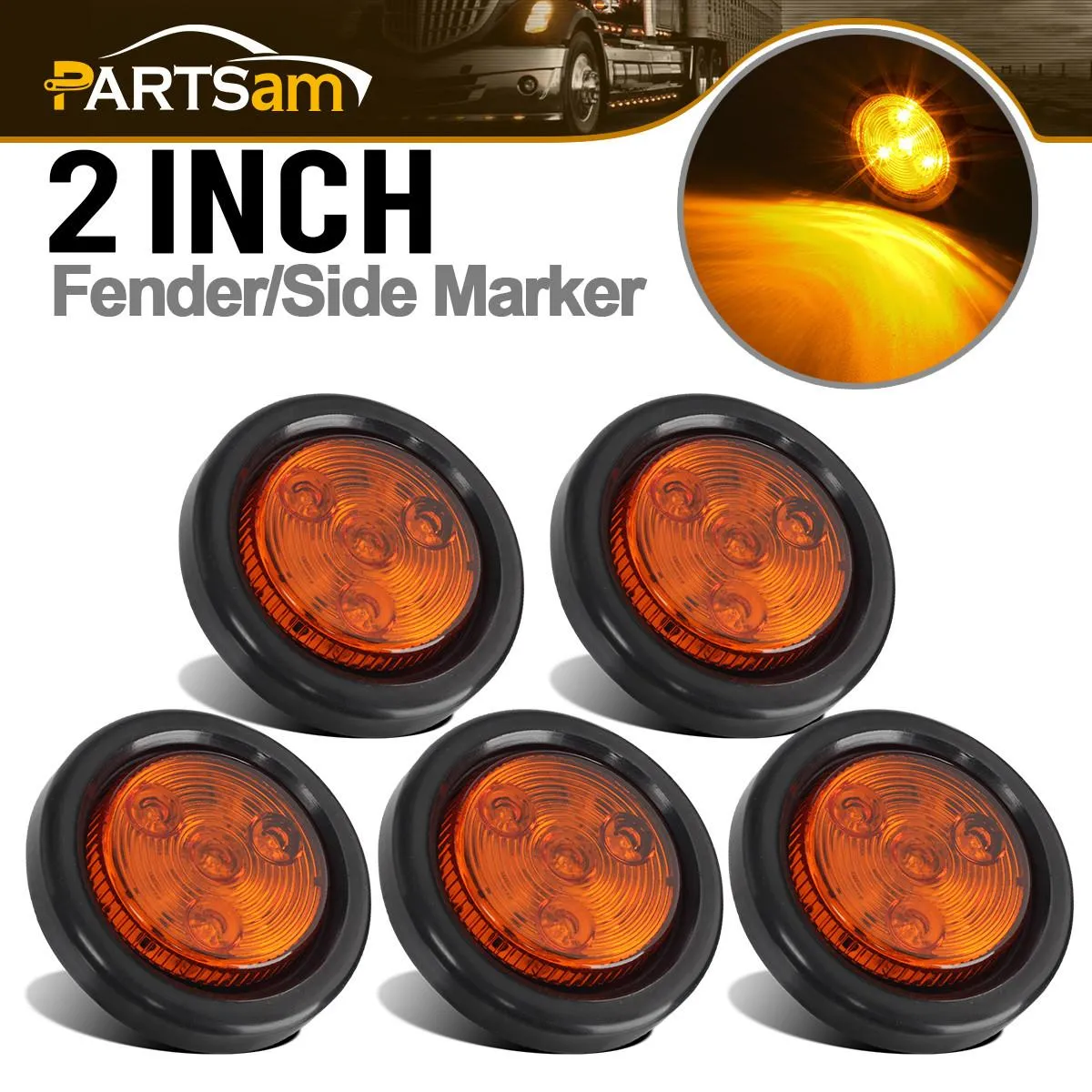 Partsam 5pcs 2 inch Amber Round Sealed Clearance Marker Light 4 LED Mount Grommet/Pigtails