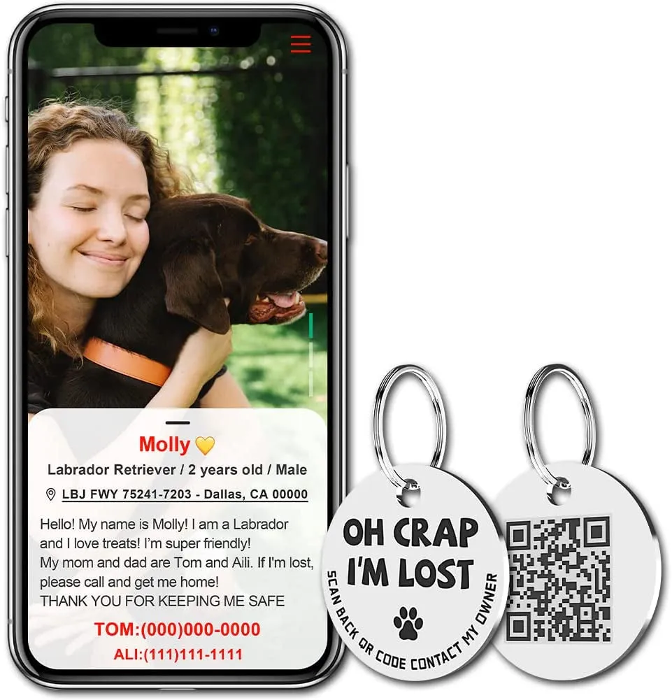 Pet ID Tags Dog Tags Stainless Steel QR Code Pet Online Profile Scan QR Receive Instant Pet Location Alert Email