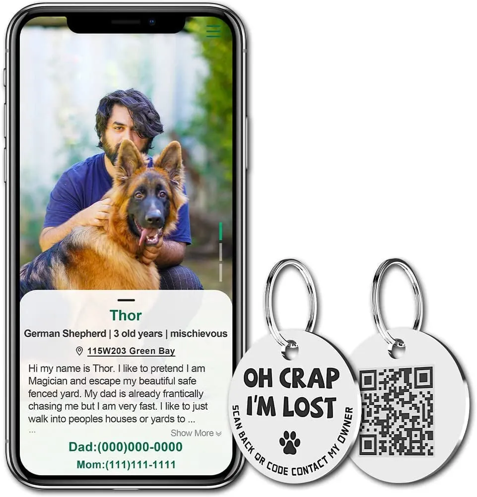 Pet ID Tags Dog Tags Stainless Steel QR Code Pet Online Profile Scan QR Receive Instant Pet Location Alert Email