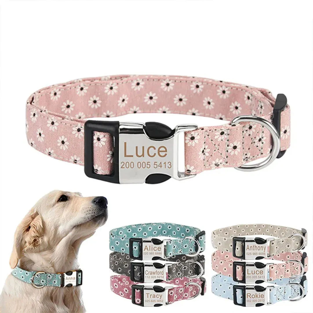 PetAffairs Pet Flower Dog Collar with Engraved ID Tag