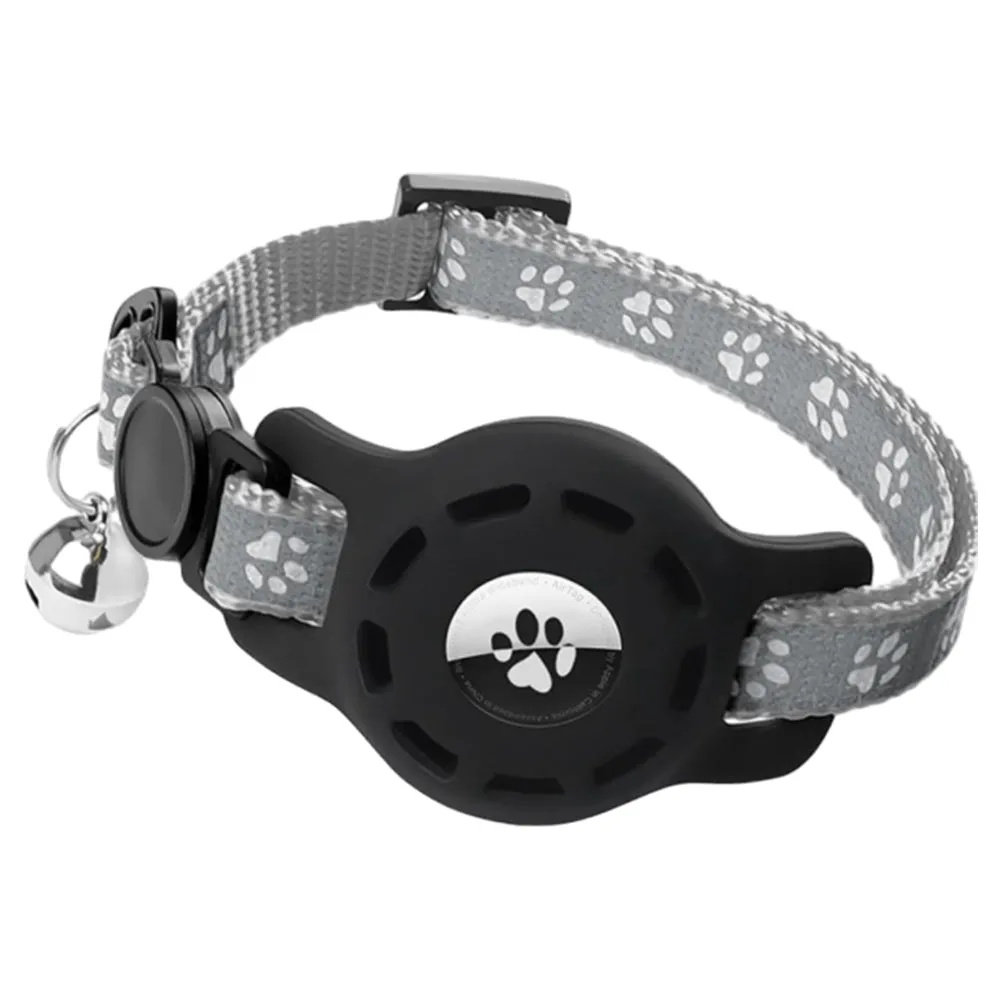 Reflective Pet Collar with Apple AirTag Holder for Cats Kittens Puppies Grey