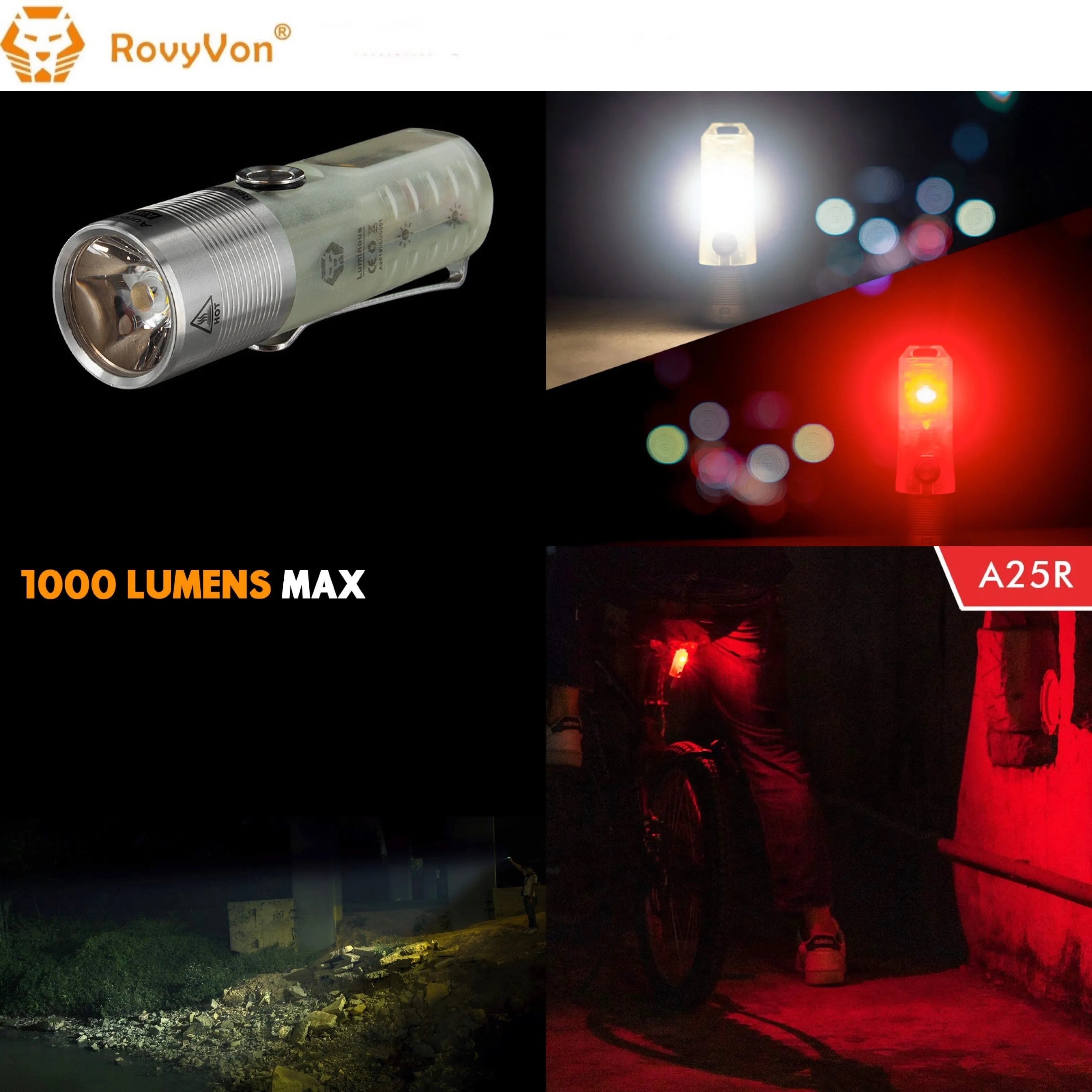RovyVon Aurora A25 White/RED Green GITD Keychain Flashlight