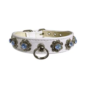Starlite Faux Leather Collar with Crystal Flowers in White & Blue